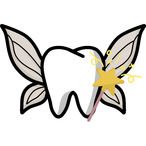 A bright white tooth with flower petal like wings. Leaning against it is a pink magic wand topped with a gold star. The tooth and wings have dark line art.